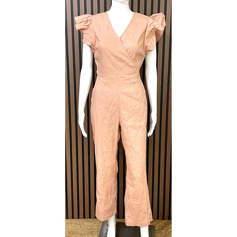 Rachel Parcell Women's XS Pink One-Piece Linen Jumpsuit Ruffled Sleeve Stretch